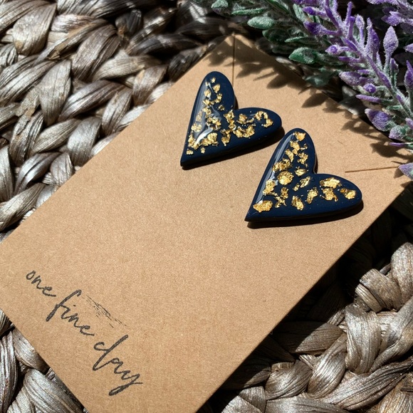 Jewelry - Navy & Gold Clay & Resin Large Heart Earring Studs